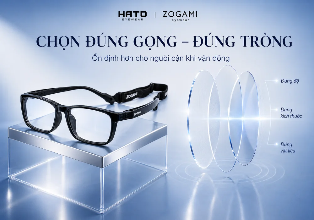 Gọng kính thể thao Zogami có dây kết hợp tròng kính trong suốt, minh họa cách chọn đúng gọng và tròng cho người cận khi chơi thể thao.