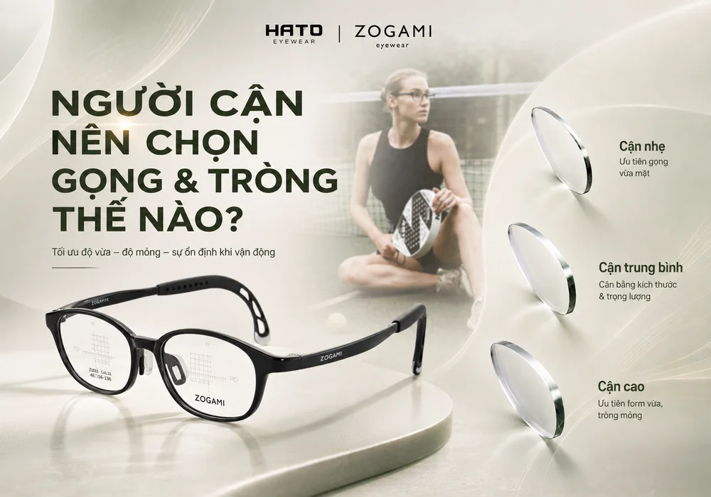 Hướng dẫn chọn gọng và tròng kính Zogami cho người cận chơi pickleball, tối ưu độ mỏng, độ vừa và sự ổn định khi vận động.