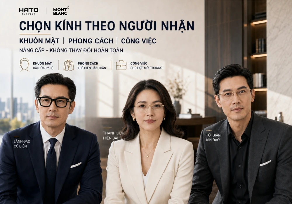 Ba người mẫu doanh nhân đeo kính Montblanc theo khuôn mặt, phong cách và môi trường công việc tại Hato Eyewear.