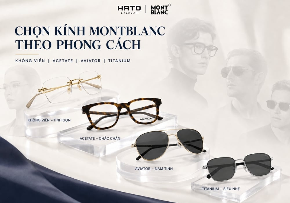 Lookbook chọn kính Montblanc không viền, acetate, aviator và titanium theo phong cách