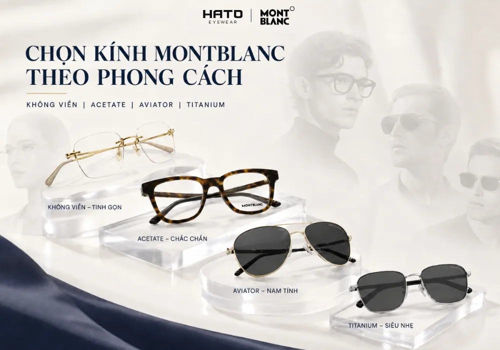 Lookbook chọn kính Montblanc không viền, acetate, aviator và titanium theo phong cách