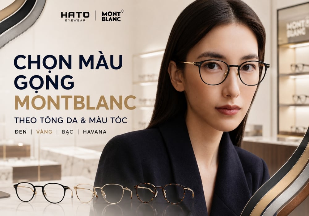 Người mẫu châu Á đeo kính Montblanc trong showroom cao cấp, minh họa cách chọn màu gọng đen, vàng và bạc theo tông da, màu tóc.