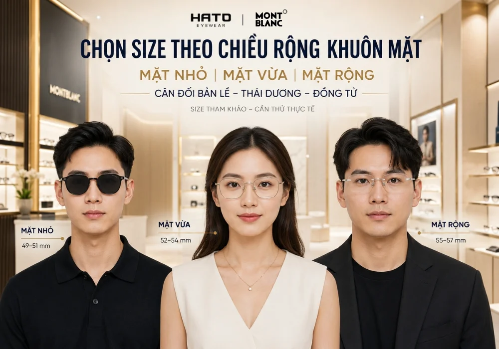 Infographic hướng dẫn chọn size kính Montblanc cho khuôn mặt nhỏ, mặt vừa và mặt rộng với kích thước tham khảo từ 49 đến 57 mm.