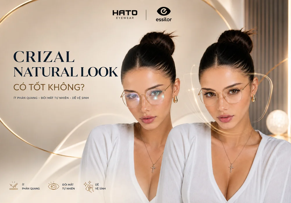 So sánh tròng kính thường và Essilor Crizal Natural Look với khả năng ít phản quang, giúp đôi mắt rõ tự nhiên và bề mặt kính dễ vệ sinh.