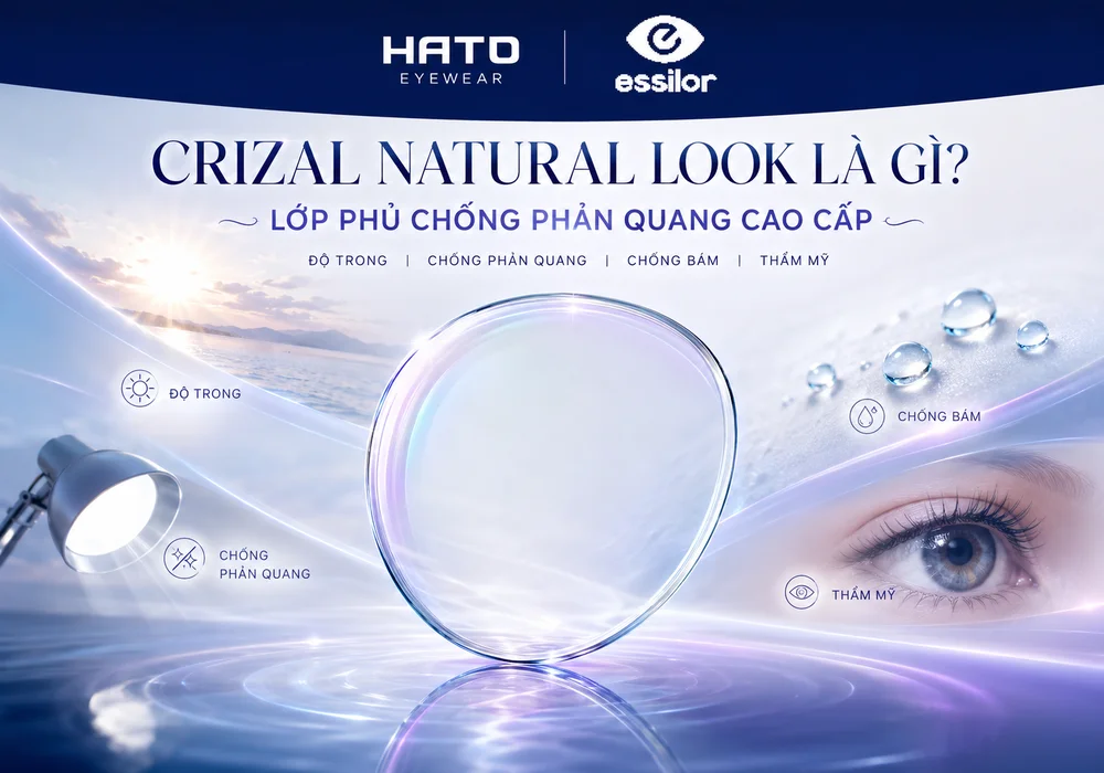 Infographic Crizal Natural Look Essilor với lớp phủ chống phản quang, tăng độ trong, chống bám và giữ đôi mắt tự nhiên.