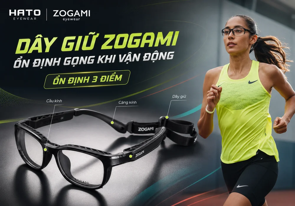 Gọng kính thể thao Zogami có dây giữ hỗ trợ ổn định cầu kính, càng kính và hạn chế trượt gọng khi chạy bộ, chơi thể thao.