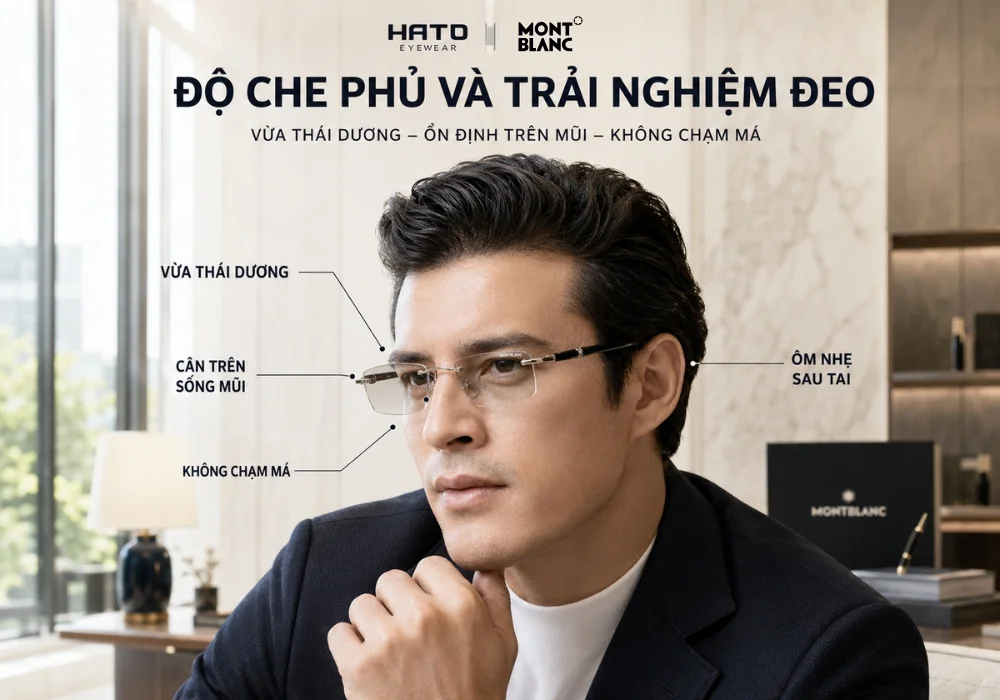 Người mẫu nam đeo kính Montblanc trong không gian cao cấp, minh họa độ che phủ và trải nghiệm đeo với các tiêu chí vừa thái dương, cân trên sống mũi, không chạm má và ôm nhẹ sau tai.