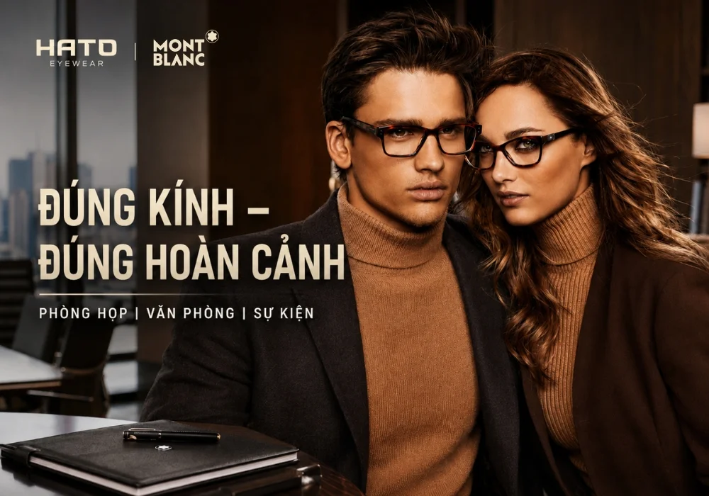 Nam nữ doanh nhân đeo kính Montblanc trong không gian văn phòng cao cấp, minh họa cách chọn kính phù hợp phòng họp, văn phòng và sự kiện.