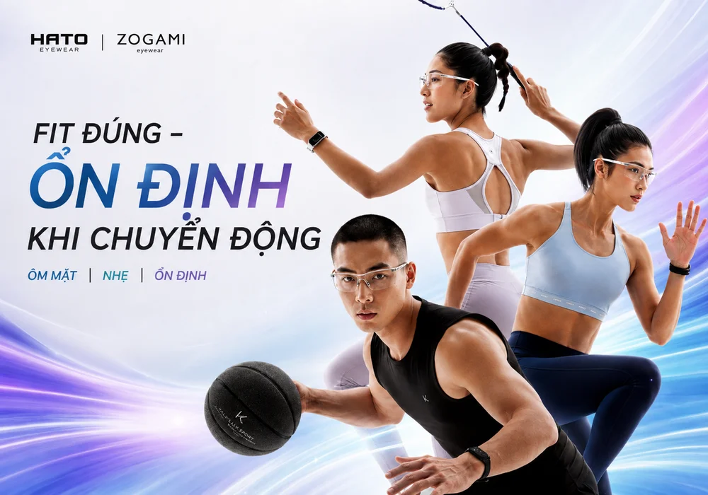 Gọng kính thể thao Zogami tròng trong dành cho người cận, thiết kế ôm mặt, nhẹ và ổn định khi chơi cầu lông, chạy bộ và bóng rổ.