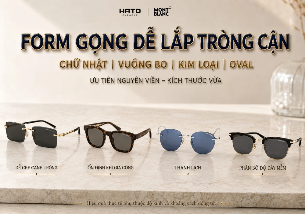 Form gọng kính Montblanc dễ lắp tròng cận gồm gọng chữ nhật, vuông bo, kim loại và oval tại Hato Eyewear.