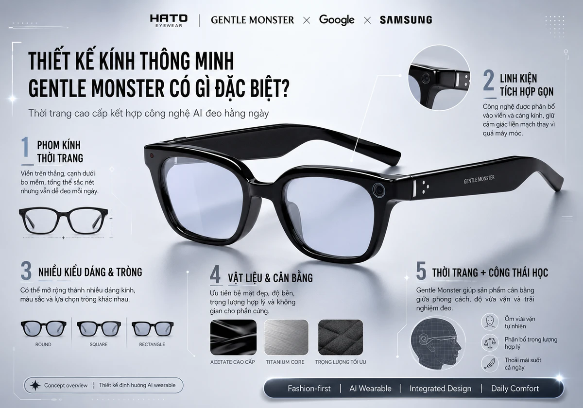 Thiết kế kính thông minh Gentle Monster X Google X Samsung với gọng đen thời trang, linh kiện AI tích hợp gọn và nhiều lựa chọn kiểu dáng, tròng kính.