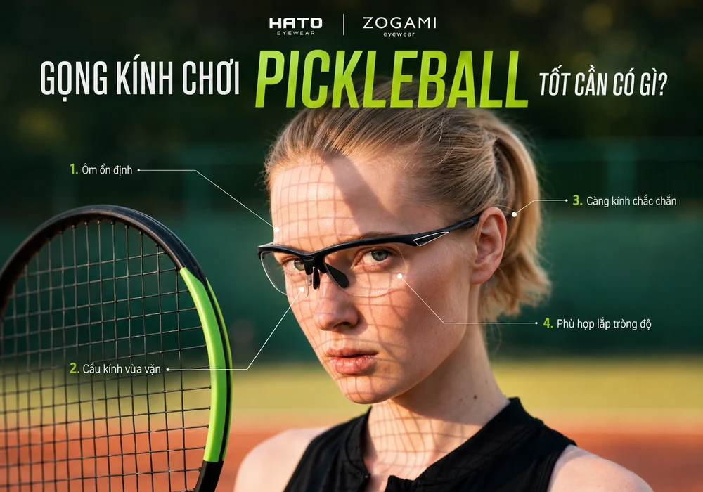 Gọng kính chơi Pickleball Zogami tròng trong với thiết kế ôm ổn định, cầu kính vừa vặn, càng kính chắc chắn và phù hợp lắp tròng độ.