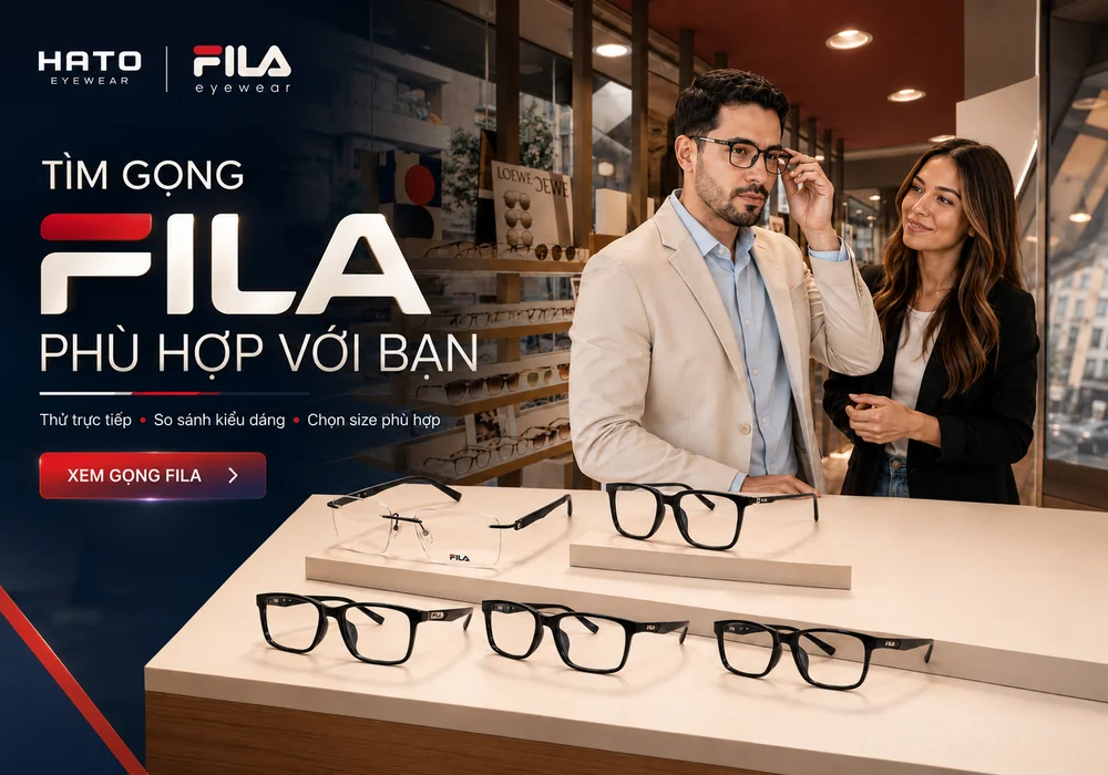 Khách hàng thử gọng kính Fila chơi pickleball tại Hato Eyewear và được tư vấn chọn kiểu dáng, kích thước phù hợp.