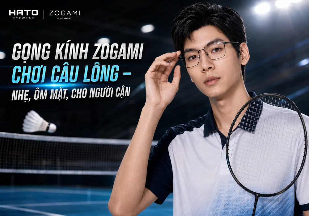 Gọng kính Zogami chơi cầu lông cho người cận với thiết kế nhẹ, ôm mặt, hỗ trợ kính ổn định khi vận động và mang lại tầm nhìn rõ ràng.