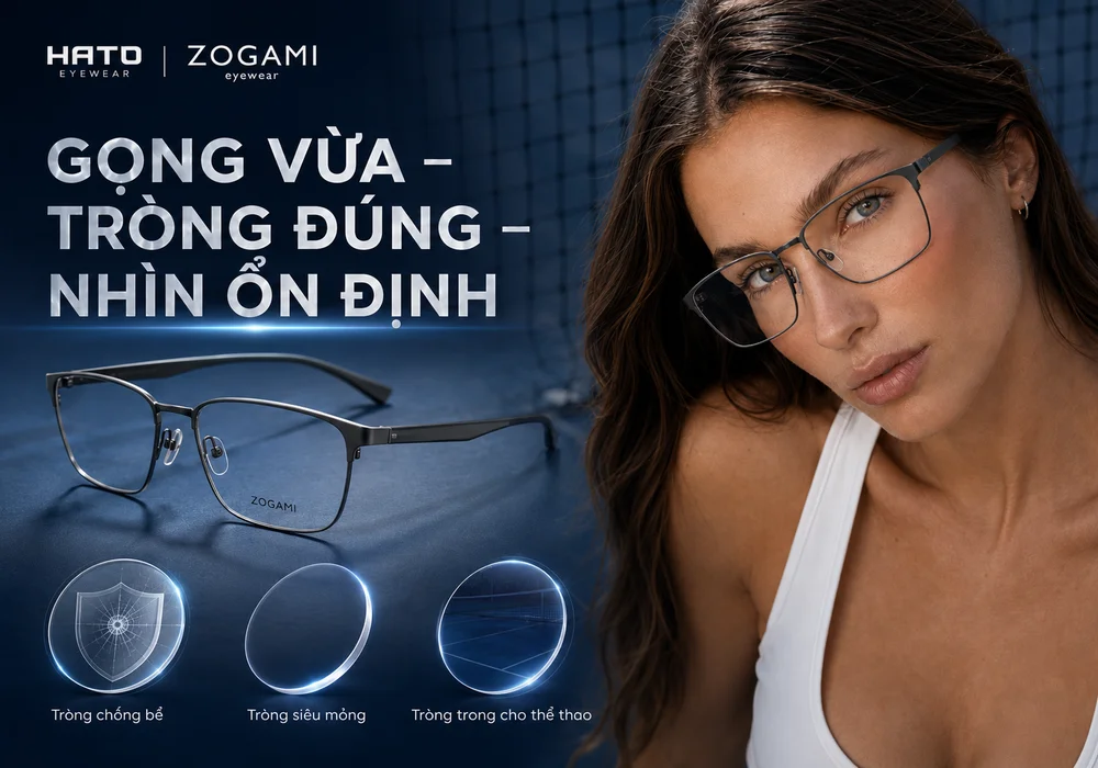 Gọng kính Zogami kết hợp tròng chống bể, tròng siêu mỏng và tròng trong cho người cận vận động, giúp kính vừa vặn và tầm nhìn ổn định.