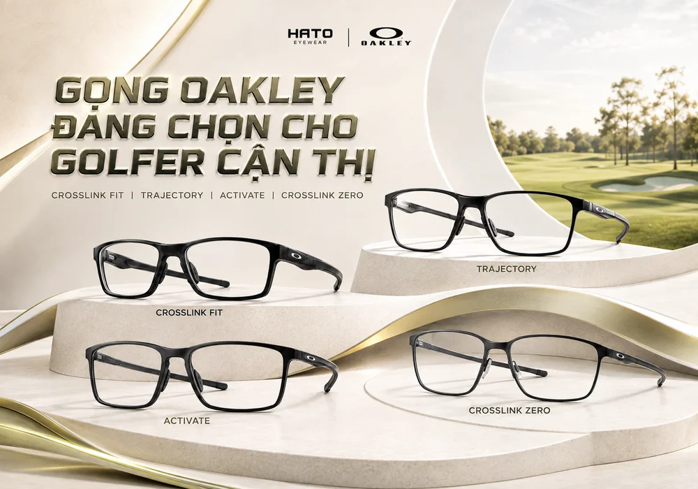 Gọng Oakley cho golfer cận thị gồm Crosslink Fit, Trajectory, Activate và Crosslink Zero với tròng kính trong suốt, thiết kế thể thao nhẹ và ôm chắc.