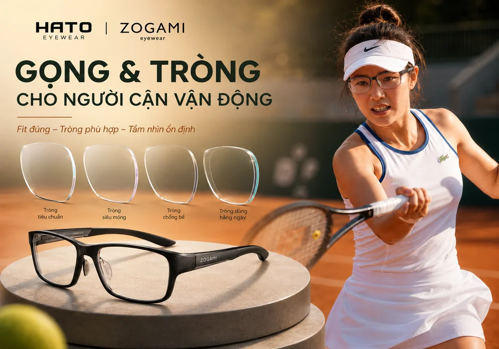 Gọng kính thể thao Zogami kết hợp các loại tròng kính cho người cận vận động, giúp kính ôm chắc, tầm nhìn ổn định khi chơi thể thao.