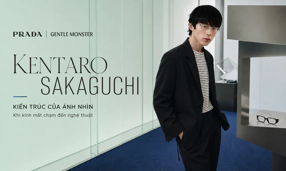 Kentaro Sakaguchi đeo kính PRADA GENTLE MONSTER trong không gian nghệ thuật.