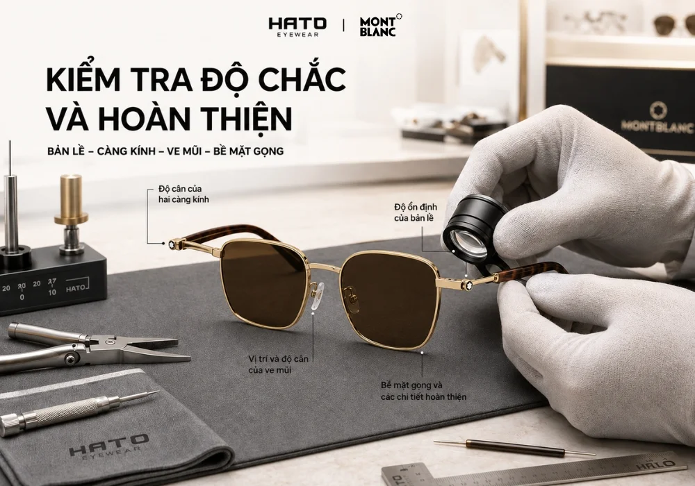 Kỹ thuật viên Hato Eyewear kiểm tra bản lề, càng kính, ve mũi và bề mặt hoàn thiện của kính Montblanc cao cấp.