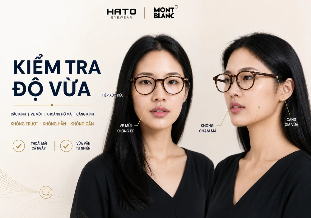 Infographic kiểm tra độ vừa của gọng kính Montblanc với các tiêu chí cầu kính, ve mũi, khoảng hở má và càng kính tại Hato Eyewear.