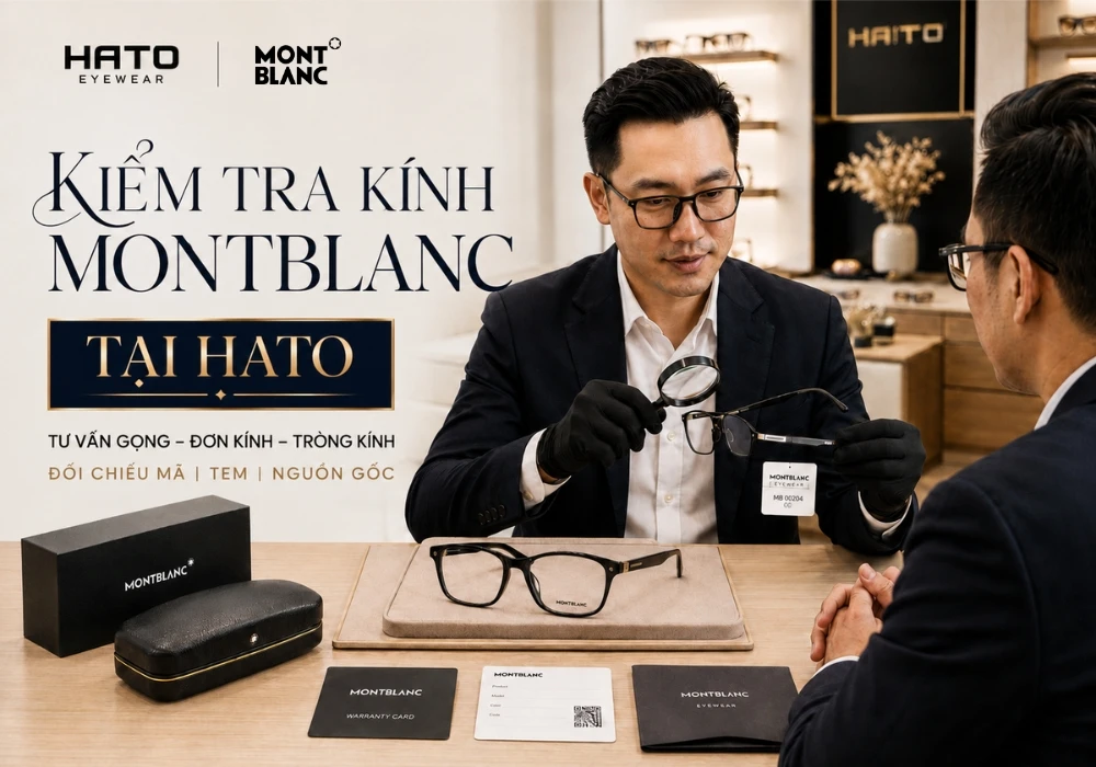 Chuyên viên Hato Eyewear kiểm tra kính Montblanc, đối chiếu mã sản phẩm, tem chính hãng và nguồn gốc tại showroom