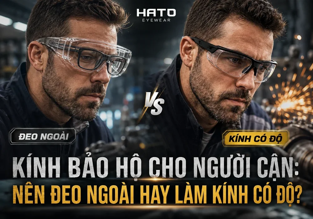 Kính bảo hộ cho người cận – so sánh giải pháp đeo kính bảo hộ ngoài kính cận và sử dụng kính bảo hộ có độ tại Hato Eyewear.