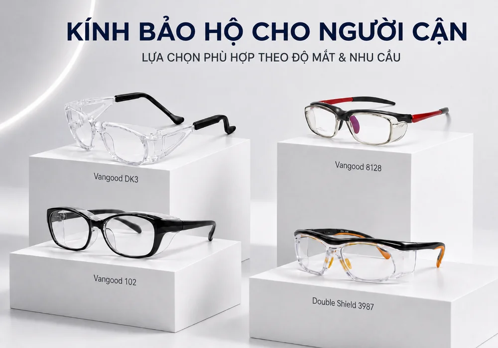 Các mẫu kính bảo hộ cho người cận gồm Vangood DK3, Vangood 8128, Vangood 102 và Double Shield 3987, phù hợp lắp tròng theo độ mắt và nhu cầu sử dụng.