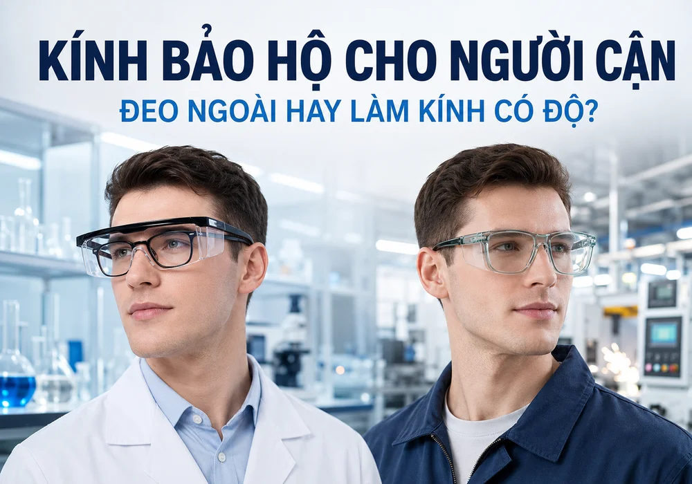 So sánh kính bảo hộ đeo ngoài kính cận và kính bảo hộ có độ dành cho người cận khi làm việc.