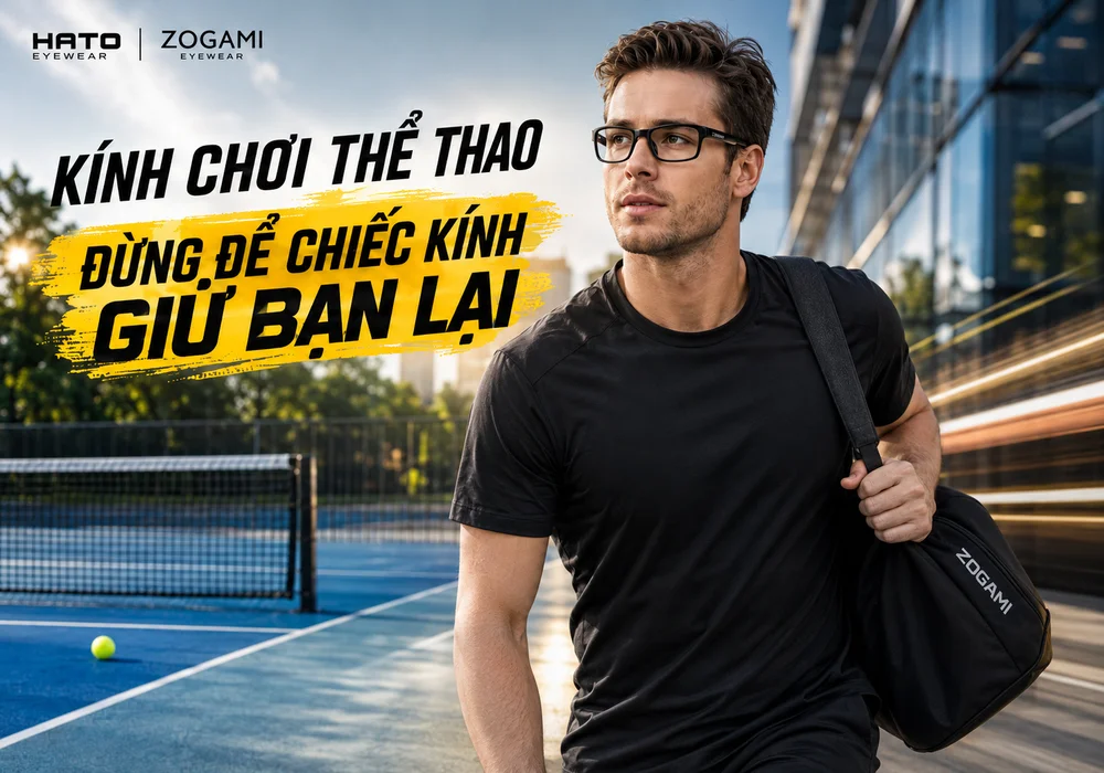 Người mẫu đeo kính thể thao chống trượt Zogami di chuyển giữa sân thể thao và không gian đô thị, thể hiện phong cách năng động sport-to-street.