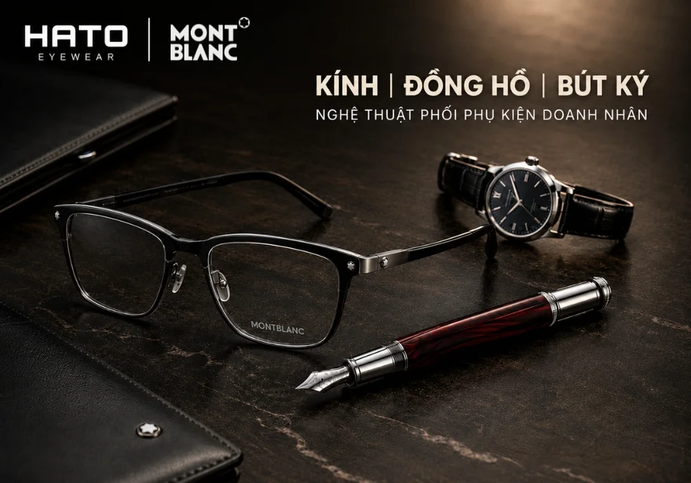Gọng kính Montblanc phối cùng đồng hồ cơ và bút ký cao cấp trên bàn làm việc doanh nhân