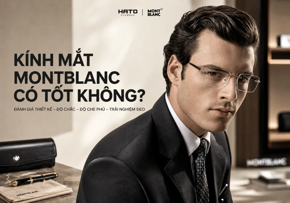 Người mẫu nam đeo kính Montblanc không viền trong ảnh đánh giá thiết kế, độ chắc, độ che phủ và trải nghiệm đeo.