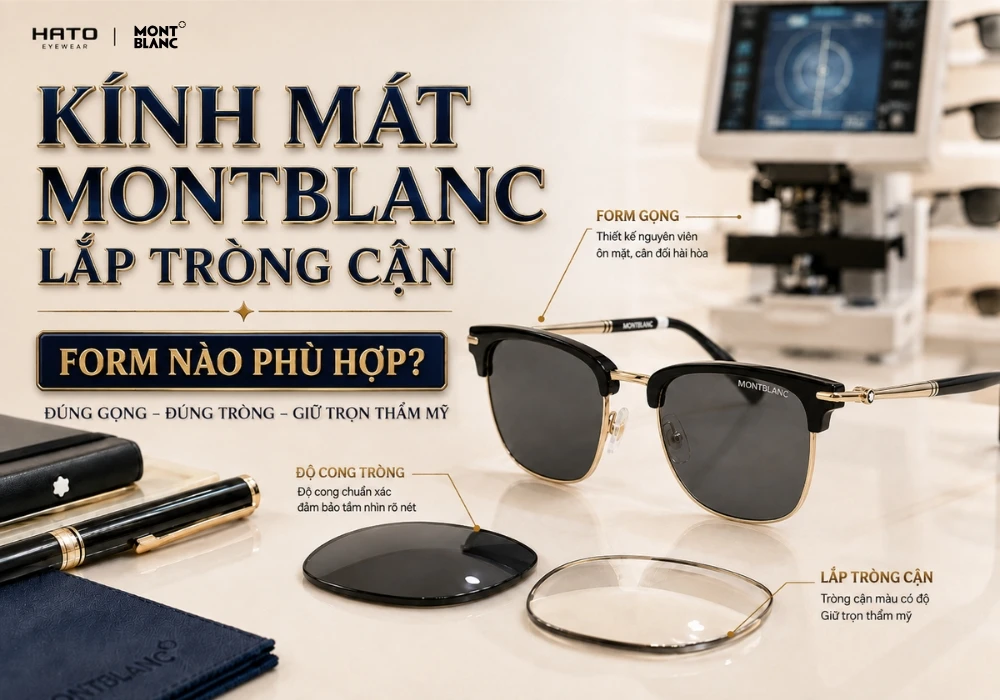 Kính mát Montblanc form browline lắp tròng cận màu, minh họa cách chọn đúng gọng, độ cong tròng và giữ trọn tính thẩm mỹ.