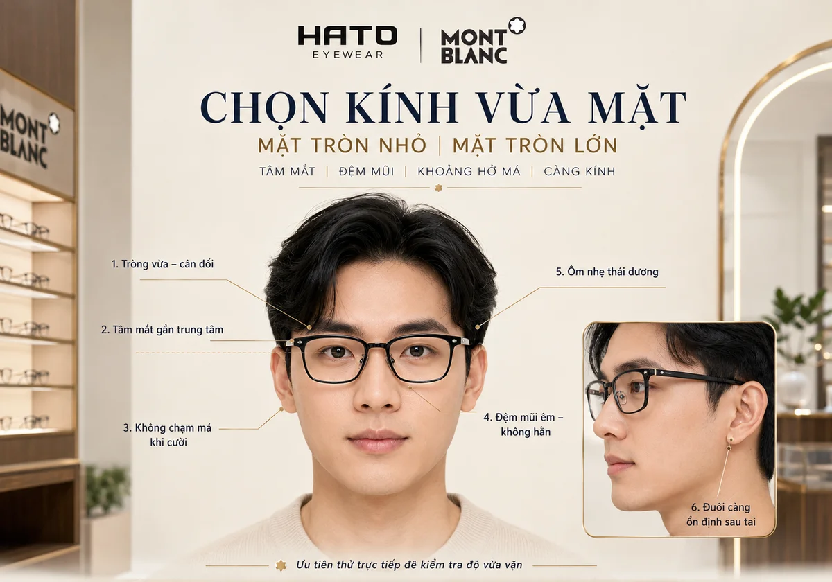 Hướng dẫn chọn kính Montblanc vừa mặt tròn dựa trên tâm mắt, đệm mũi, khoảng hở má và độ ôm của càng kính