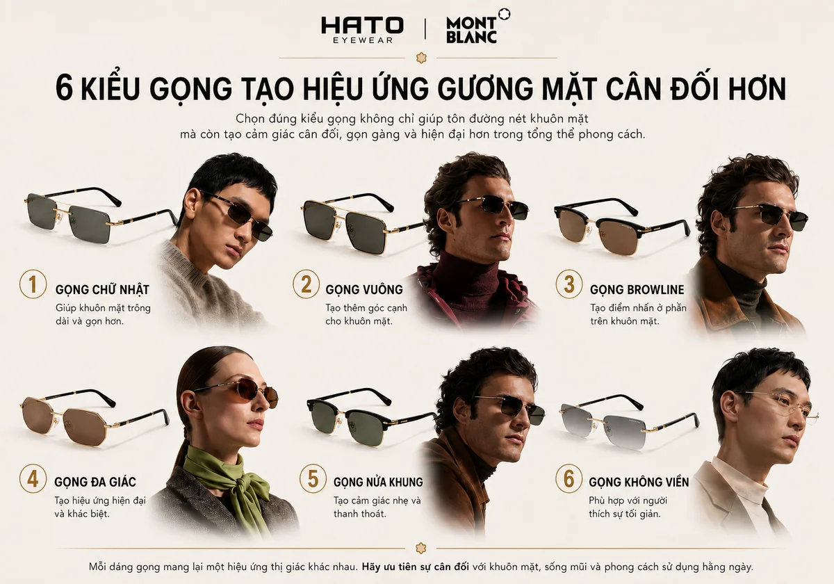 Infographic 6 kiểu gọng kính Montblanc giúp khuôn mặt cân đối: chữ nhật, vuông, browline, đa giác, nửa khung và không viền.