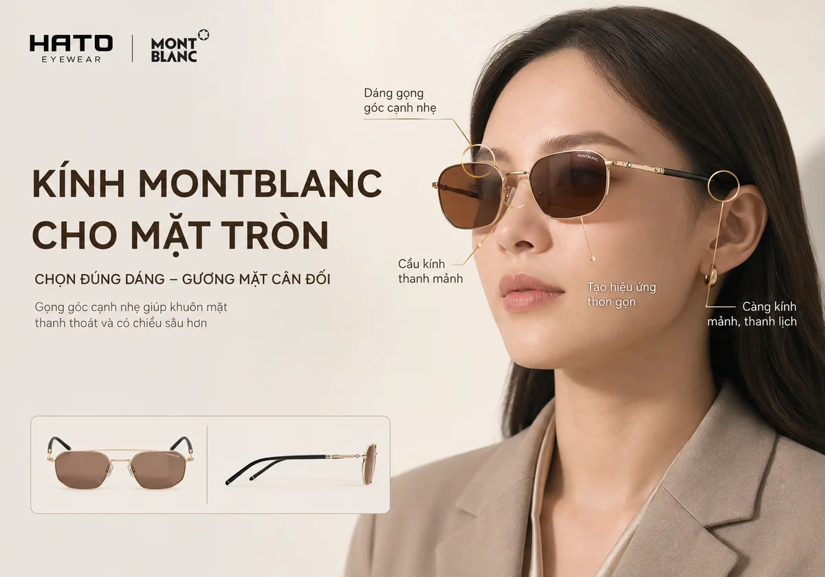 Kính Montblanc cho mặt tròn với dáng gọng góc cạnh nhẹ giúp gương mặt cân đối, thanh thoát và sang trọng hơn tại Hato Eyewear