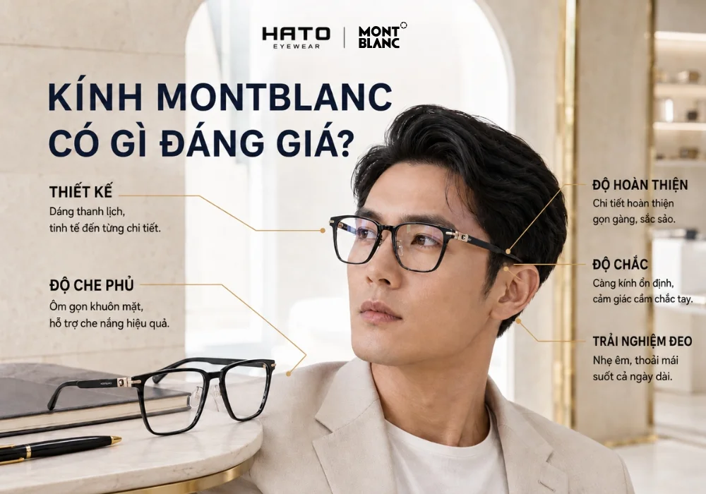 Người mẫu đeo kính Montblanc cao cấp cùng infographic đánh giá thiết kế, độ hoàn thiện, độ chắc, độ che phủ và trải nghiệm đeo tại Hato Eyewear.