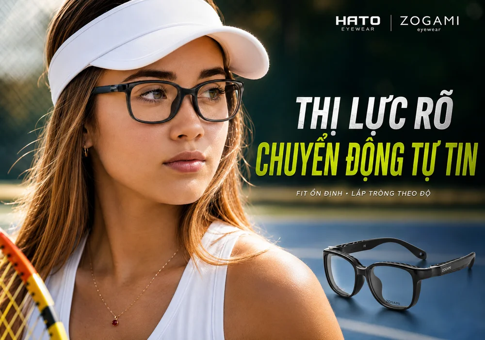 Người mẫu tennis đeo kính thể thao có độ Zogami với tròng trong suốt, thiết kế ôm chắc giúp duy trì thị lực rõ và tự tin khi vận động.