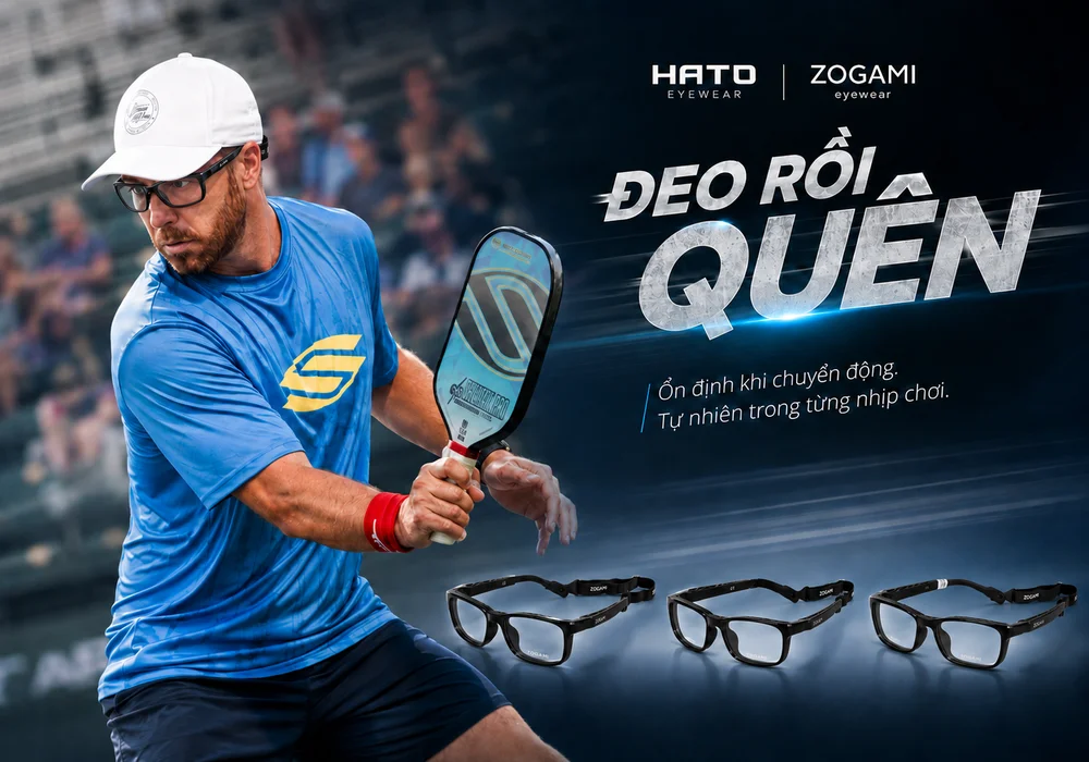Kính thể thao Zogami có dây ôm chắc khi chơi pickleball, thiết kế ổn định khi vận động cùng các mẫu Zogami Y9101, Y9103 và Y9104.