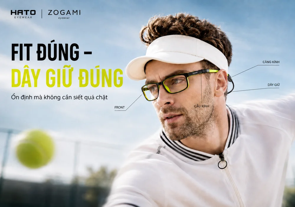 Gọng kính thể thao Zogami đen vàng neon với dây giữ ôm đầu, giúp kính ổn định khi vận động mà không cần siết quá chặt.