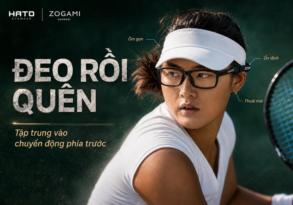 Người chơi tennis đeo kính thể thao Zogami có dây ôm gọn, ổn định và thoải mái khi vận động.