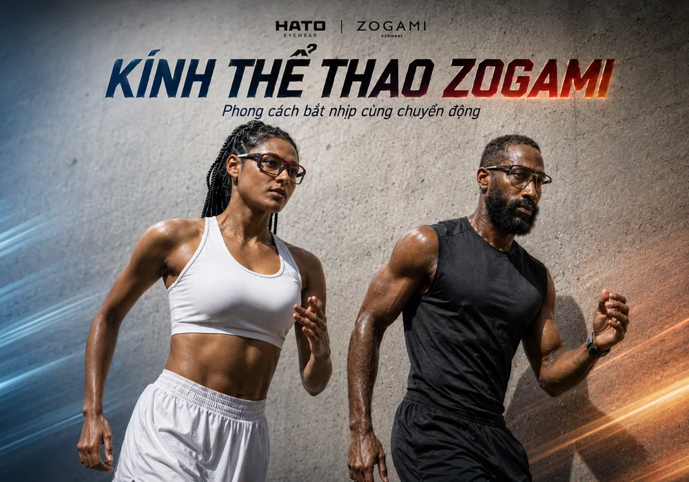 Kính thể thao Zogami dành cho người vận động, thiết kế ôm mặt năng động, được người mẫu nam nữ sử dụng trong phong cách thể thao hiện đại tại Hato Eyewear.