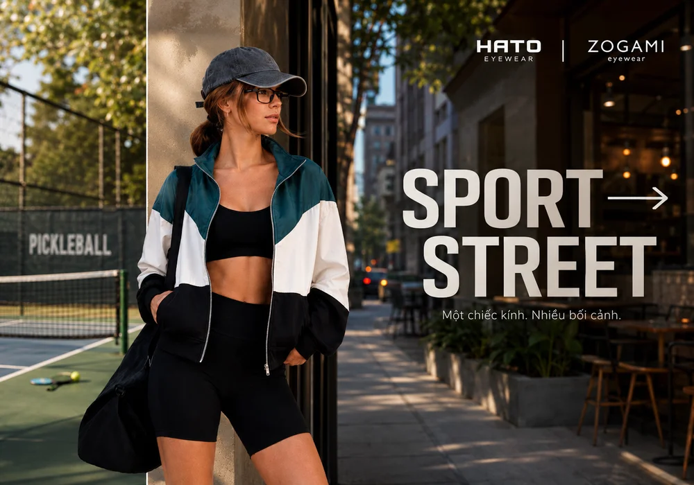 Người mẫu đeo kính thể thao Zogami trong phong cách Sport to Street, kết hợp không gian sân pickleball và đường phố hiện đại.