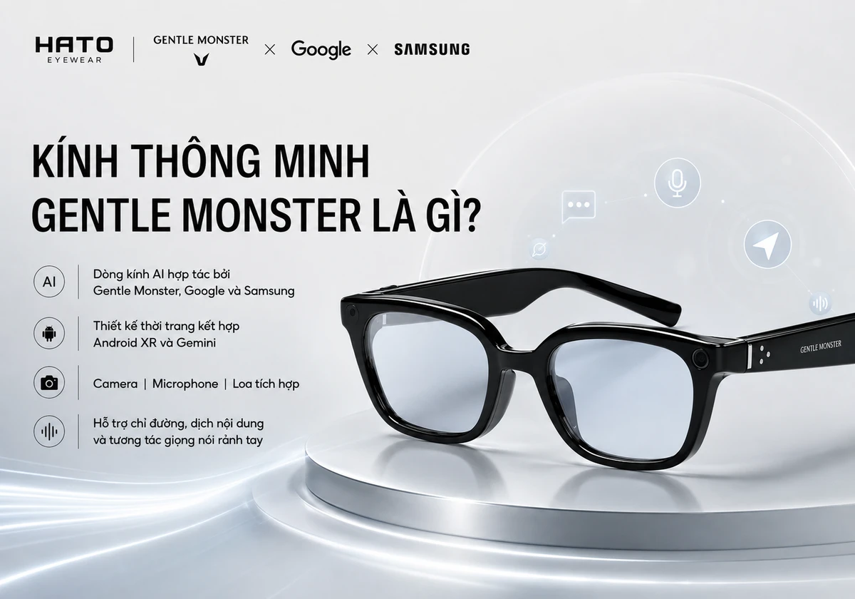 Kính thông minh Gentle Monster là gì? Ảnh mô tả Gentle Monster Intelligent Eyewear hợp tác cùng Google và Samsung, tích hợp AI Gemini, Android XR, camera và điều khiển giọng nói.