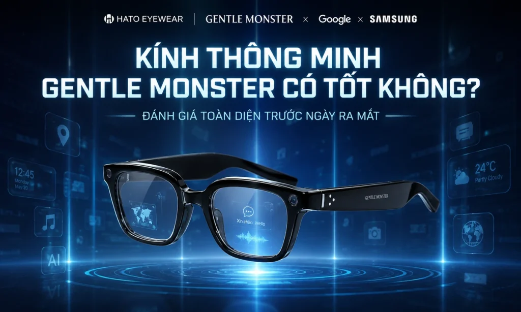 Kính thông minh Gentle Monster hợp tác cùng Google và Samsung với thiết kế gọng đen, camera tích hợp và giao diện công nghệ AI.