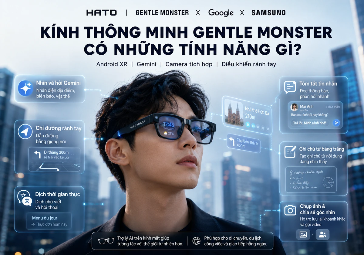 Kính thông minh Gentle Monster tích hợp Gemini và Android XR với tính năng chỉ đường, dịch ngôn ngữ, tóm tắt tin nhắn và chụp ảnh.