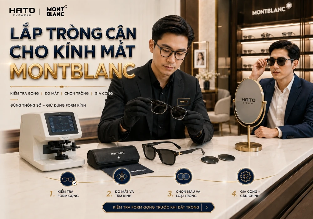 Chuyên viên Hato Eyewear kiểm tra gọng và lắp tròng cận cho kính mát Montblanc theo đúng thông số, tâm kính và form gọng.