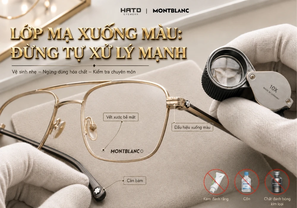 Kỹ thuật viên kiểm tra lớp mạ gọng kính Montblanc bị xỉn màu, trầy xước và có cặn bám bằng kính lúp chuyên dụng.