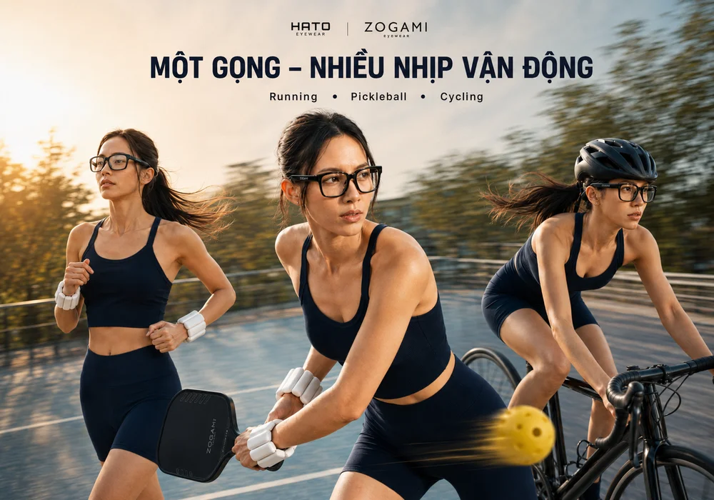 Kính thể thao Zogami có dây đồng hành cùng người dùng khi chạy bộ, chơi pickleball và đạp xe, giúp gọng ổn định trong nhiều nhịp vận động.