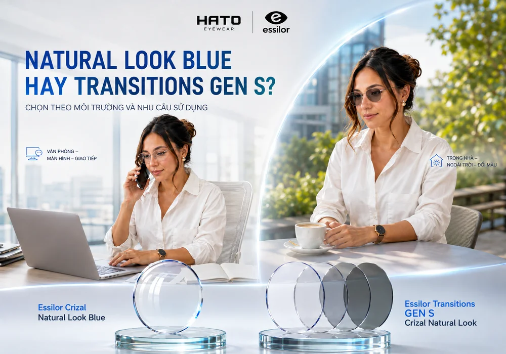 So sánh Essilor Crizal Natural Look Blue và Transitions GEN S dành cho môi trường văn phòng, màn hình, trong nhà và ngoài trời.