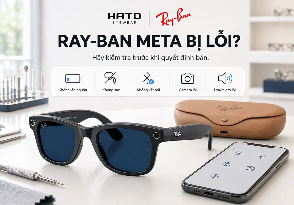 Ray-Ban Meta bị lỗi nguồn, sạc, kết nối, camera hoặc loa micro được kiểm tra trước khi bán lại.